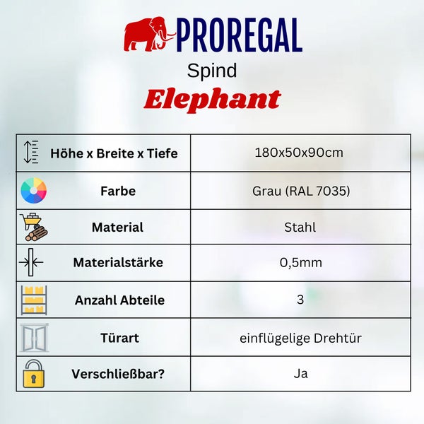 Proregal Logo und Infografik zum Spind Elephant aus grauem Stahl, Maße 180 mal 50 mal 90 Zentimeter, 3 Abteile, Drehtür, abschließbar.