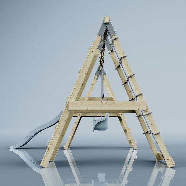 Spielturm aus Holz mit Schaukel, Rutsche, Kletterwand und Strickleiter