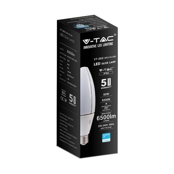 V-TAC LED Olive Leuchtmittel Verpackung, 60 Watt, 6500 Lumen, E40 Sockel, 5 Jahre Garantie, Samsung LED Technologie, 300 Grad Abstrahlwinkel.