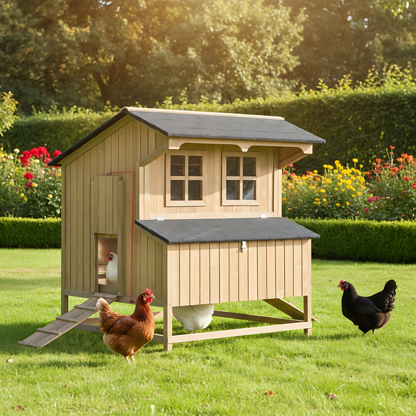 Hölzerner Hühnerstall in einem hellen Garten mit Rasen und Blumen. Der Stall verfügt über Fenster, einen Nistkasten und eine Zugangsrampe.
