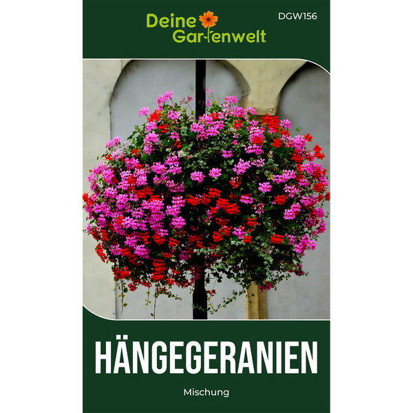 Deine Gartenwelt Logo, Hängegeranien Mischung in einer üppig blühenden Blumenampel mit rosa und roten Blüten.