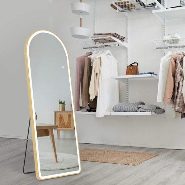 EMKE Bogen Standspiegel, Ganzkörperspiegel mit LED-Beleuchtung, 3 einstellbare Lichtfarben und dimmbar, Aluminiumrahmen in Gold, 160 x 60 cm, ideal für Wohn-, Schlaf-, Aufenthalts- und Ankleidezimmer