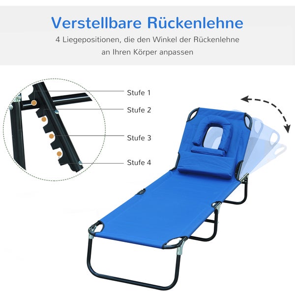 Outsunny Sonnenliege, Gartenliege mit Lesefenster, Gesichtsöffnung, L190 x B56 x H28 cm, Oxford-Stoff, Stahlrohr, Blau