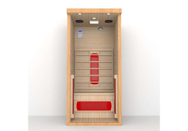 FinnTherm Infrarotkabine Freya Infrarotkabine 1 Sitzbänke aus Holz Saunakabine mit 45 mm Wandstärke, Systemsauna