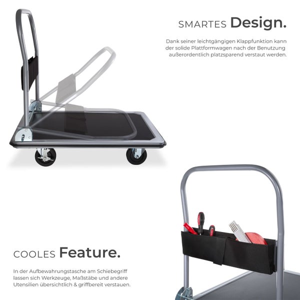 Plattformwagen mit Klappfunktion und Aufbewahrungstasche am Schiebegriff für Werkzeuge