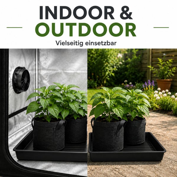 Pflanzsäcke aus Vlies auf einer Schale, links in einer hellen Growbox und rechts auf einer Steinterrasse im Garten.