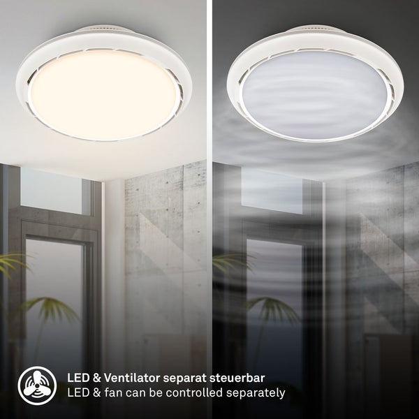 LED-Deckenleuchte mit Ventilator, separat steuerbar, Darstellung von warmweißem und kaltweißem Licht mit Luftstrom in einem modernem Raum.