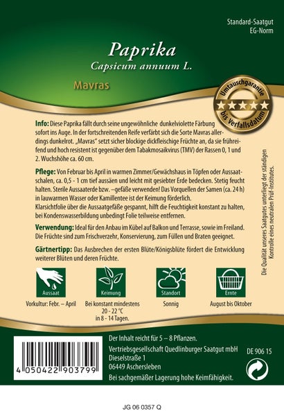 Rückseite der Samentüte für Paprika Mavras mit Informationen zu Aussaat, Keimung, Standort, Ernte sowie Pflegetipps und Umtauschgarantie.