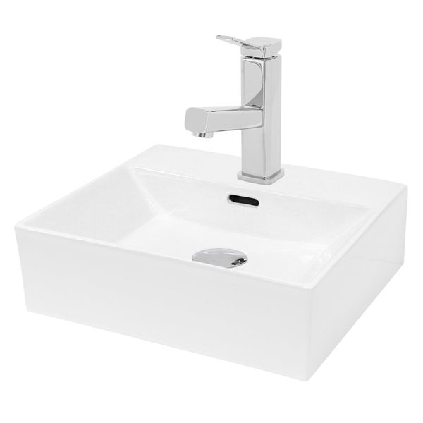 ECD Germany Waschbecken Waschtisch 415x360x130mm Keramik Eckig Weiß + Wasserhahn ausziehbare Brause Standard Chrom + Ablaufgarnitur Pop-Up Ventil Chrom, Aufsatzwaschbecken Aufsatzwaschtisch Waschplatz
