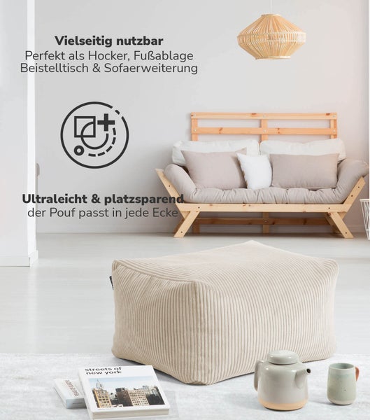 mokebo Pouf oder Hocker aus Cord 'Der Ruhestifter', Sitzhocker oder Sitzpouf in Beige