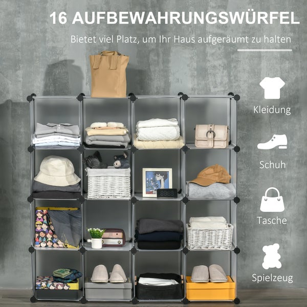 HOMCOM DIY Regalsystem mit 16 Würfeln stapelbar DIY-Würfelregal Kleiderschrank Aufbewahrungsregal Standregal Schuhregal von Büchern Spielzeug Schuhen aus Kunststoff Stahl Weiß 125 x 32 x 125 cm