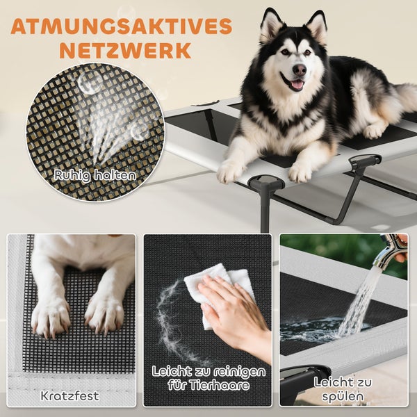Erhöhtes Hundebett mit atmungsaktivem Mesh, kratzfest, leicht von Tierhaaren zu reinigen und abwaschbar. Ein Hund liegt auf dem Bett.