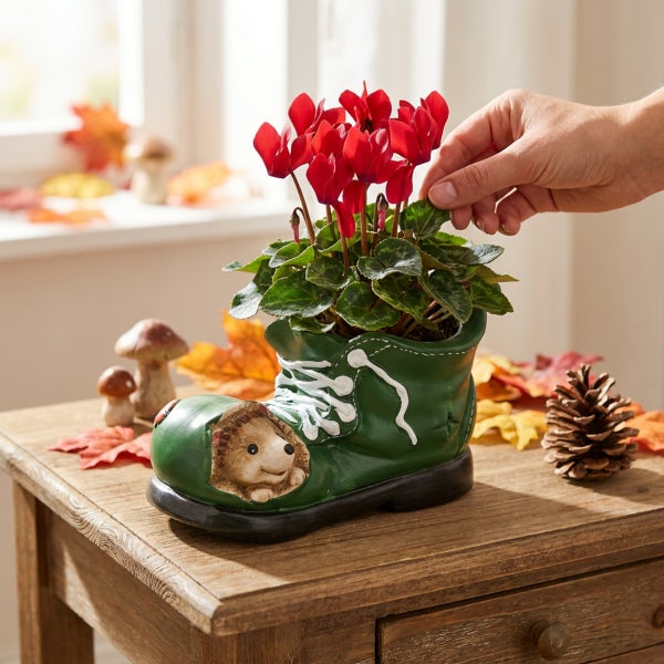 Pflanztopf in Schuhform mit Igelmotiv und rotem Alpenveilchen auf einem Holztisch mit herbstlicher Dekoration
