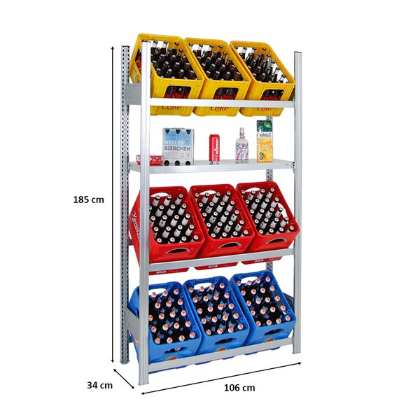 PROREGAL Getränkekistenregal Getränkeregal Chiemsee Made in Germany HxBxT 185 x 106 x 34 cm 9 Kisten auf 3 Ebenen & Board Verzinkt