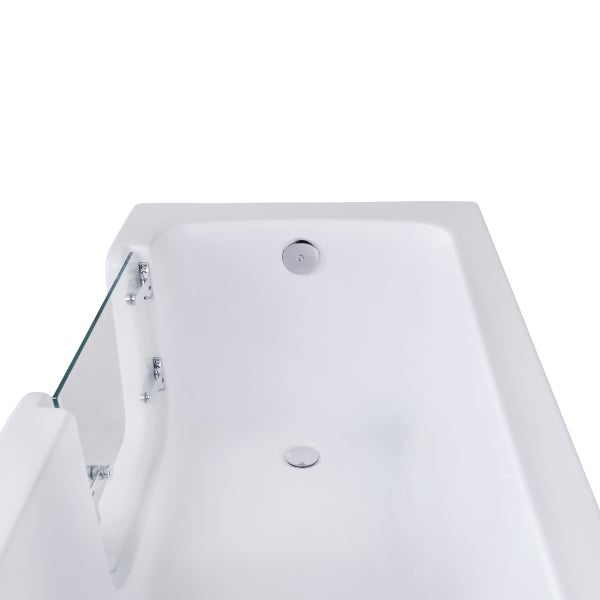 Innenansicht einer rechteckigen Badewanne mit einer Glastür für niedrigen Einstieg, inklusive verchromtem Abfluss und Überlauf.
