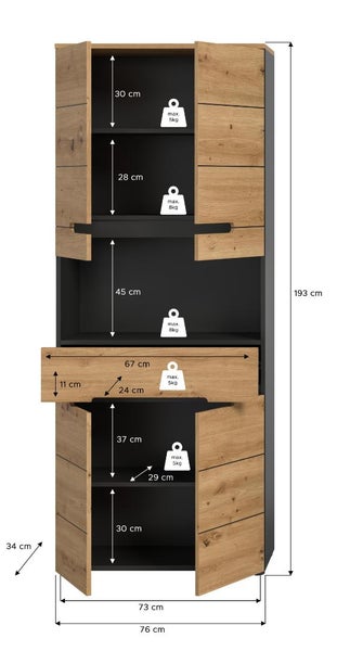 Badezimmerschrank mit Maßen: Höhe 193 Zentimeter, Breite 76 Zentimeter, Tiefe 34 Zentimeter und maximaler Belastbarkeit der Fächer in Kilogramm.