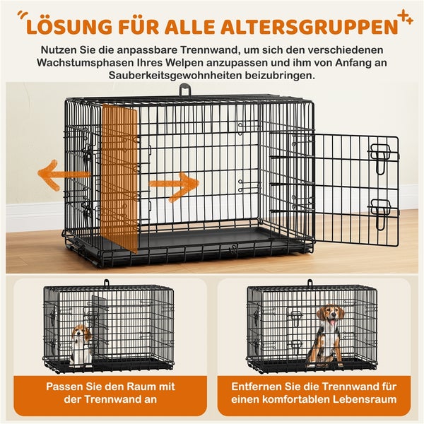 Hundekäfig mit verstellbarer Trennwand zur Anpassung an die verschiedenen Wachstumsphasen eines Welpen