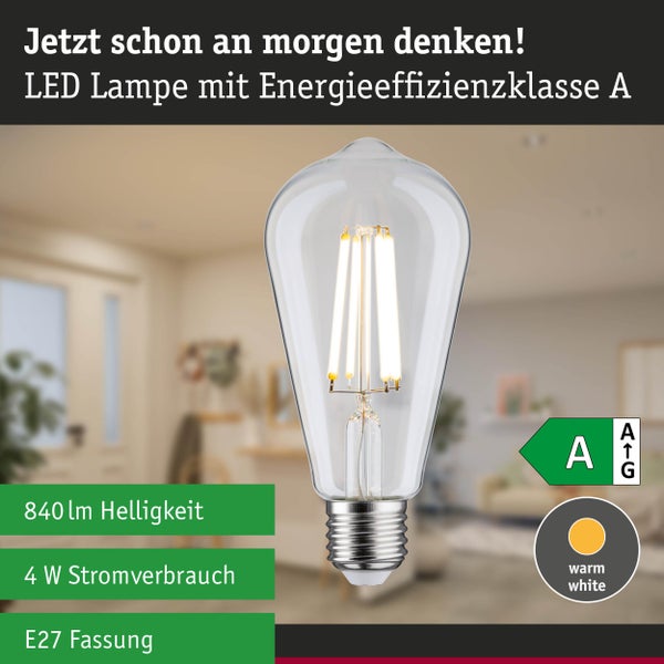 LED-Lampe in Rustika-Form mit E27-Fassung, Energieeffizienzklasse A, 840 Lumen Helligkeit, 4 Watt Stromverbrauch und warmweißem Licht.