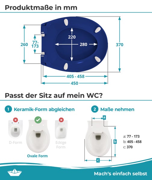 Produktmaße für Toilettensitz in Millimeter. Breite 370, Länge 405 bis 458, Scharnierabstand 77 bis 173. Passend für ovale Formen. Hornbach Logo.