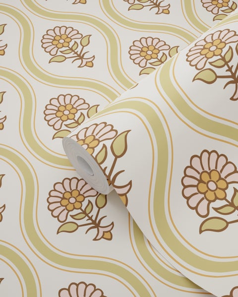 Tapetenrolle mit Blumenmuster und geschwungenen Linien