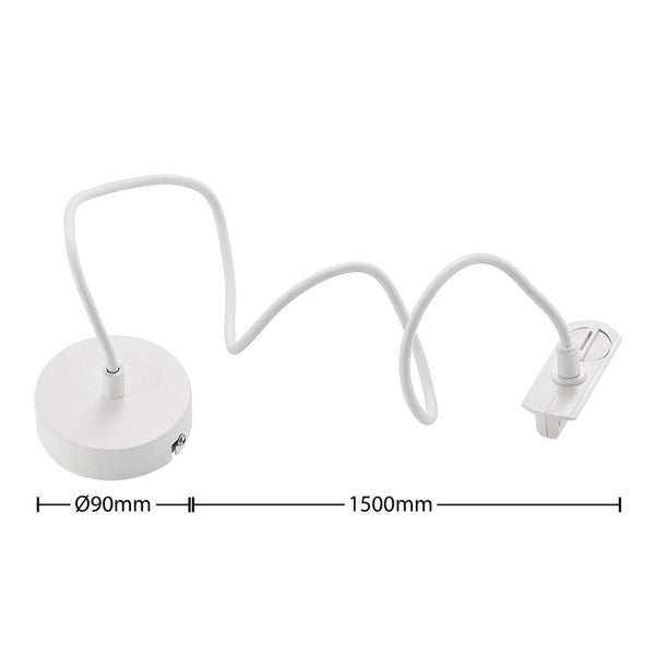 Weiße Deckenrosette mit 1500 Millimeter langem Kabel und Schienenadapter, Durchmesser 90 Millimeter.