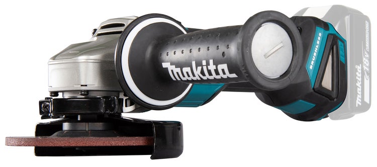 Makita Akku-Winkelschleifer mit bürstenlosem Motor, 18 Volt Lithium-Ionen-Akku, Seitengriff mit Makita Logo und montierter Schleifscheibe.