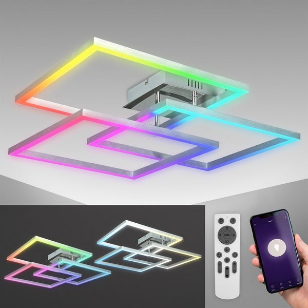 Deckenleuchte 69,5x69,5 cm - 48W, 4800lm, LED, smart, dimmbar, CCT, RGB, silberfarbig