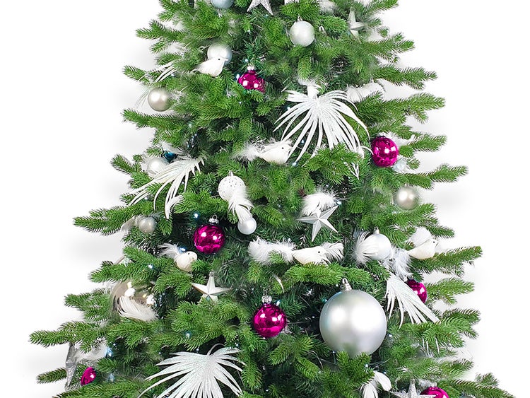 Dekorierter künstlicher Weihnachtsbaum mit 222 Ornamenten POLAR PINK II 500 cm Baum mit Ständer und Weihnachtsschmuck