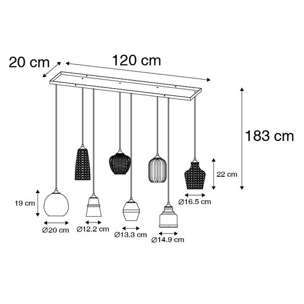 Abmessungen Hängeleuchte mit sechs Lampen