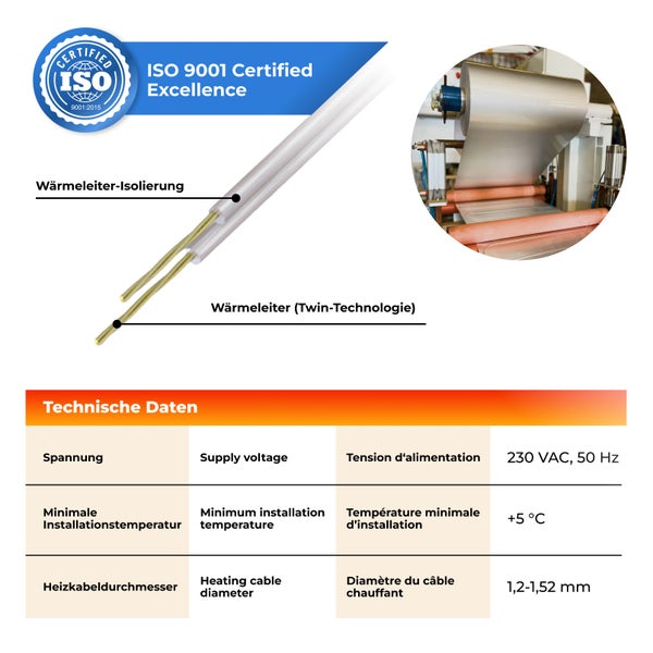 Produktbild eines Heizkabels mit technischen Daten und ISO 9001 Zertifizierung