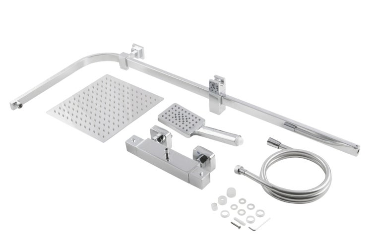 aquaSu® Duschsystem Tela mit Thermostat-Armatur, Kopfbrause & Handbrause | Handbrause: 3-strahlig | Kopfbrause: 1-strahlig | Antikalk | eckig | höhenverstellbar | Chrom | 723343