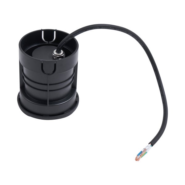 Einbaugehäuse für Bodenstrahler aus schwarzem Kunststoff mit angeschlossenem Stromkabel.