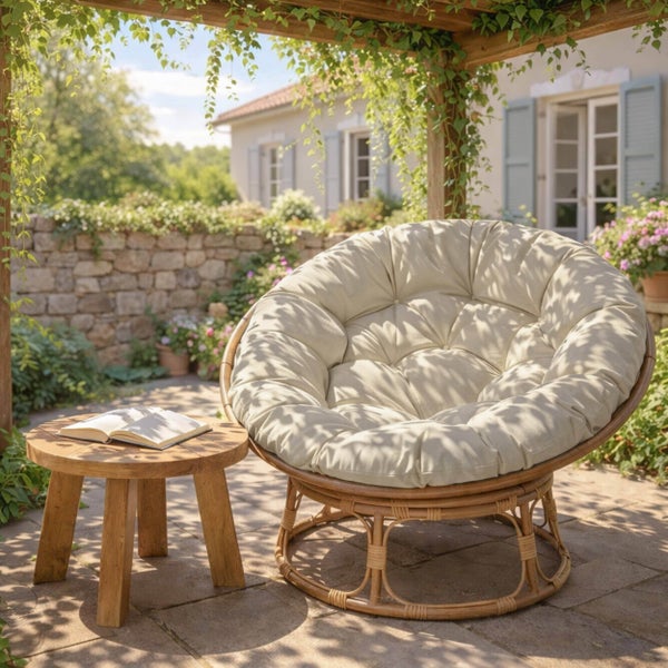 Runder Papasan-Sessel mit Polster und Beistelltisch aus Holz auf einer hellen, gepflasterten Terrasse im blühenden Garten.