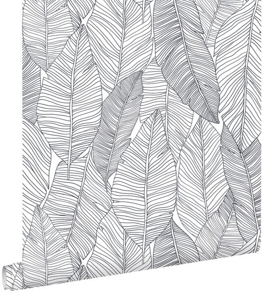 ESTAhome Tapete gezeichnete Blätter Schwarz und Weiß - 53 cm x 10.05 m - 139011
