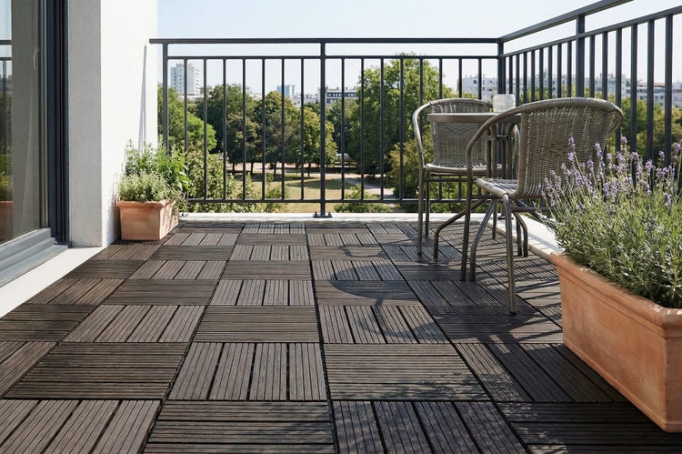 Balkon mit Holzfliesen, Sitzgruppe und Pflanzen in Terrakottatöpfen vor einer Aussicht ins Grüne.