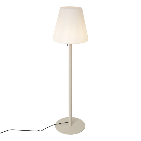 Stehleuchte mit weißem Kunststoffschirm, schlankem Standrohr und rundem Sockel, für den Außenbereich geeignet.