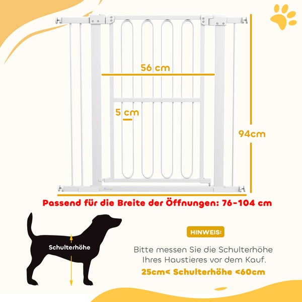 PawHut Türschutzgitter Hund, 76-104 cm Absperrgitter ohne Bohren, Treppengitter aus Stahl, Treppenschutzgitter, Schutzgitter, Sicherheitsgitter für Treppen, Tür, Flur, Weiß