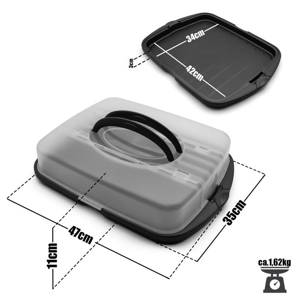 Transportbehälter für Kuchen mit transparentem Deckel. Maße 47 mal 35 mal 11 Zentimeter. Gewicht circa 1,62 Kilogramm.