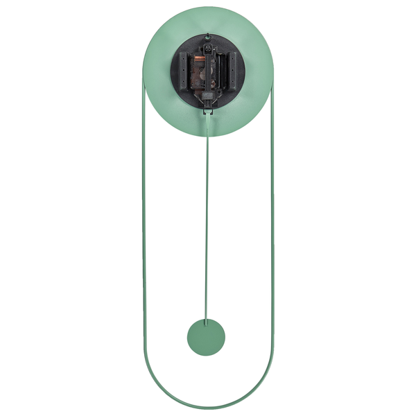 Rückansicht einer grünen Wanduhr mit Pendel, Metallrahmen und sichtbarem Uhrwerk.