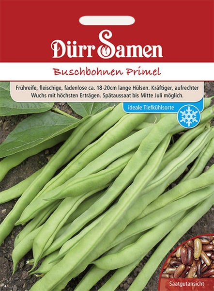 Dürr Samen Logo. Buschbohnen Primel. Grüne fadenlose Bohnen circa 18 bis 20 Zentimeter lang. Symbol für Eignung zum Tiefkühlen.