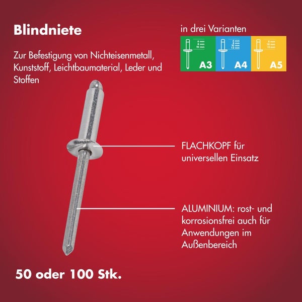 Blindniete aus Aluminium mit Flachkopf zur Befestigung verschiedener Materialien, rostfrei, erhältlich in Packungen zu 50 oder 100 Stück.