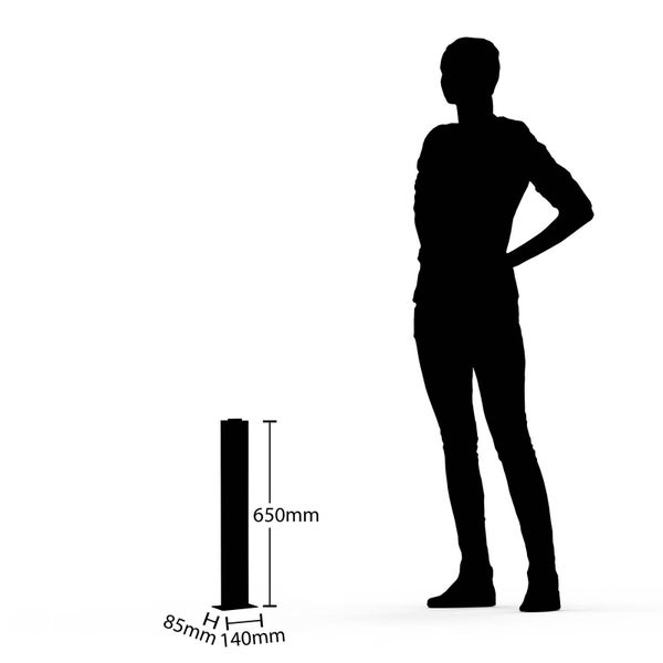 Außenleuchte mit einer Höhe von 650 Millimeter, einer Breite von 140 Millimeter und einer Tiefe von 85 Millimeter im Größenvergleich.