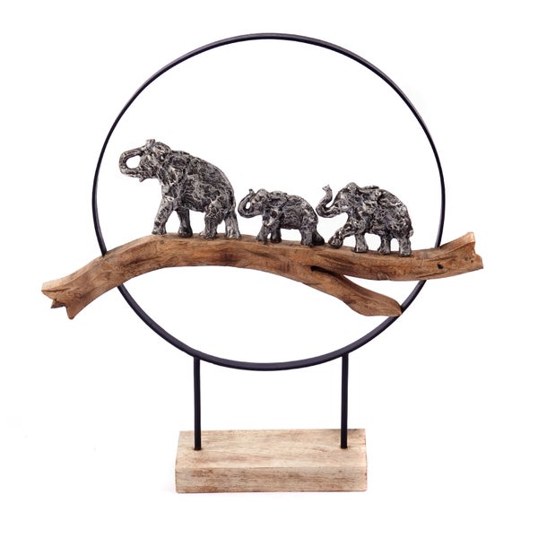 Skulptur Große Elefanten Mangoholz, Aluminium silber-natur