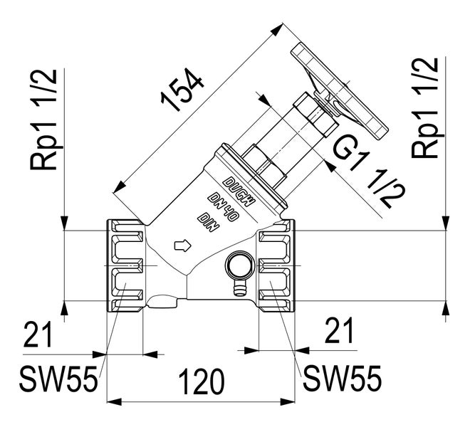 Technische Zeichnung eines Freistromventils mit Handrad, Maßen in Millimeter, Nennweite 40, Gewinde Rp 1 1/2, Schlüsselweite 55 und Zertifizierung.