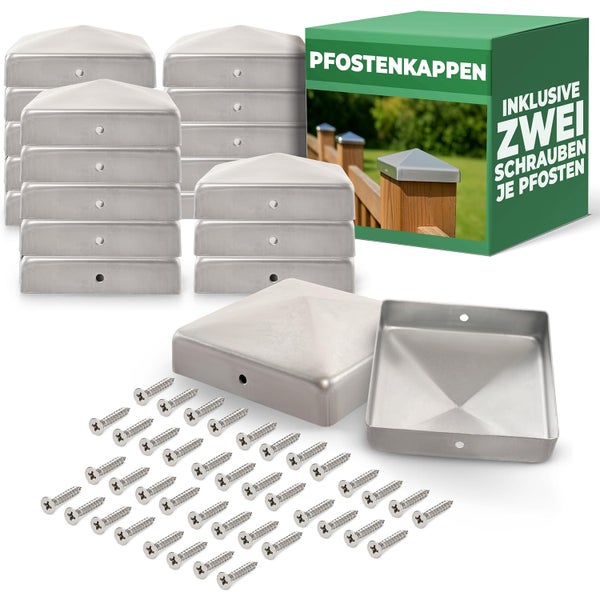 Quadratische Pfostenkappen aus Metall inklusive Schrauben zur Montage auf Zaunpfosten.