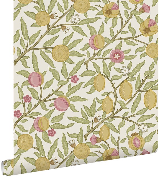 ESTAhome Tapete exotischen Früchten und Blättern Grün, Rosa und Ockergelb - 50 x 900 cm - 131169