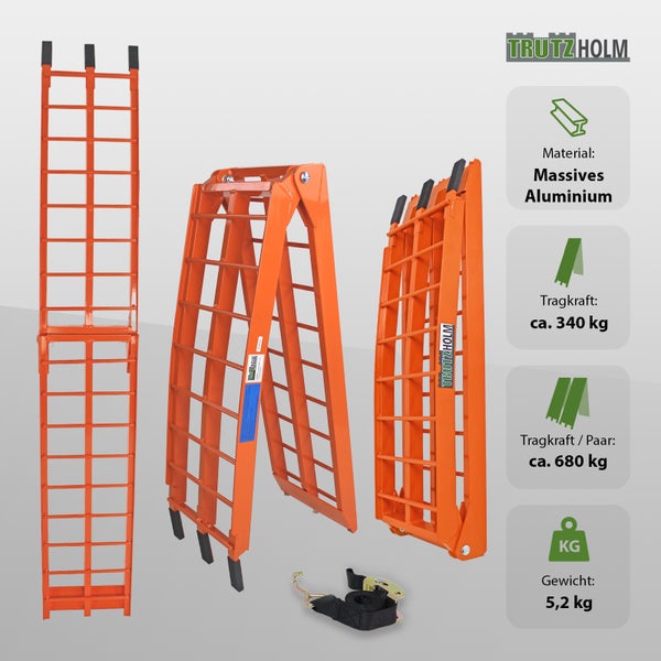 TRUTZHOLM 1 x Auffahrrampe klappbar 180 cm Traglast 340 kg Alu orange Riffelstab Verladerampe