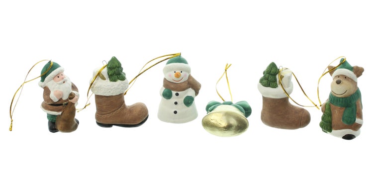 Weihnachtsbaumschmuck-Set mit Weihnachtsmann, Stiefeln, Schneemann, Glocke und Bär