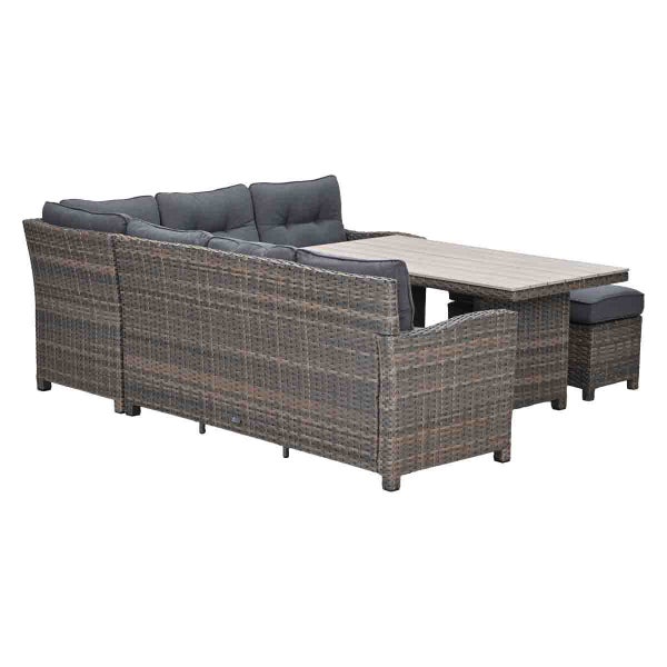 Garten-Lounge-Set aus Polyrattan mit Ecksofa, Tisch in Holzoptik und gepolsterten Auflagen.