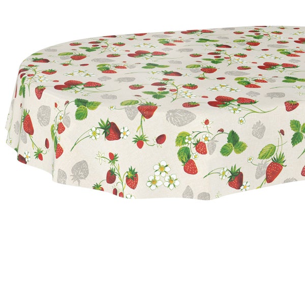 Tischdecke mit einem Muster aus roten Erdbeeren, grünen Blättern und weißen Blüten.